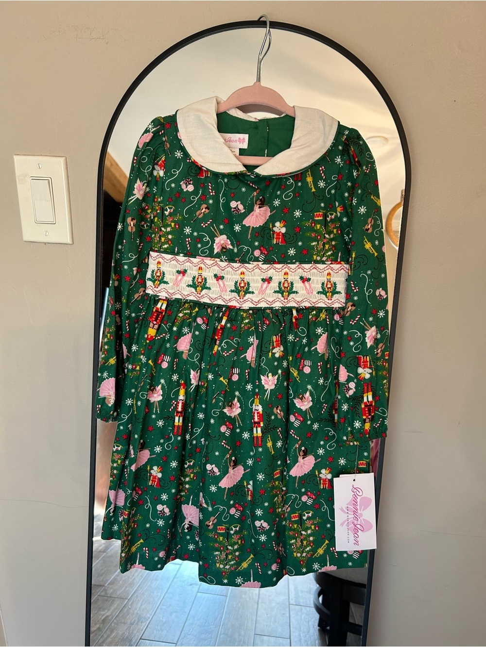 Bonnie Jean Green Nutcracker & Ballerina Smocked Holiday Dress with Cream Collar